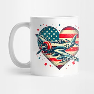 Retro july 4th Fighter Jet Airplane, American Flag Heart, Freedom Mug